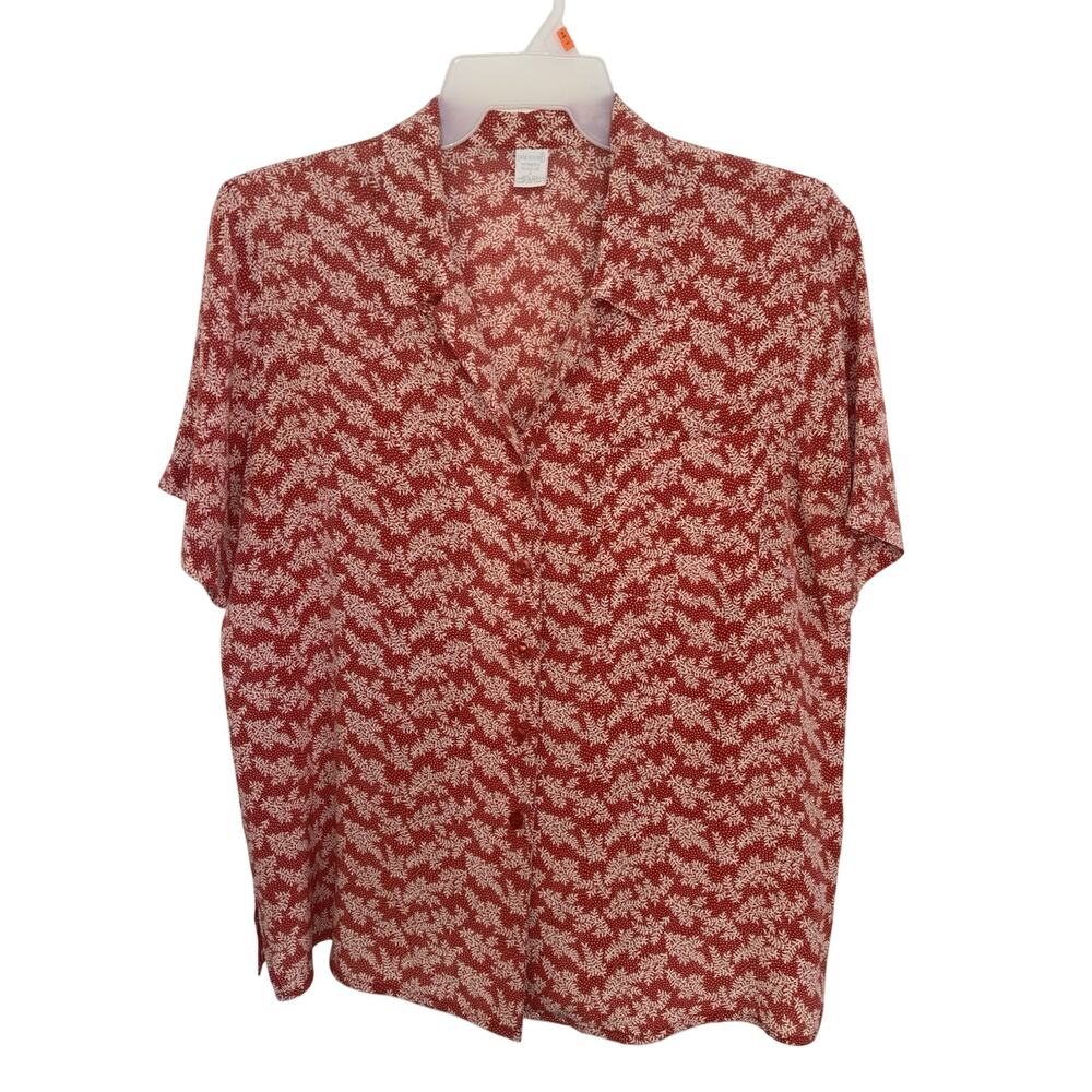 Vtg 90s Lands End 100% Silk Fern Leaf Print Short Sleeve Blouse 14 Earthy